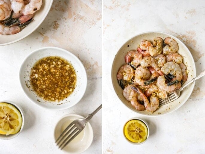 Side by side photos of the lemon garlic marinade for shrimp in a bowl, and then a photo of the marinade tossed with the shrimp.