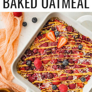 Overhead view of a square baking dish containing baked oatmeal.