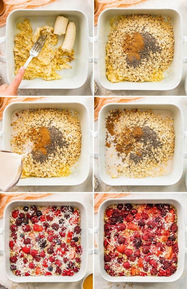 Collage of six photos showing how to make one pan baked oatmeal, from mashing a banana in the baking dish, adding oats, chia seeds and cinnamon, mixing in almond milk, topping with berries and coconut and finally baking.