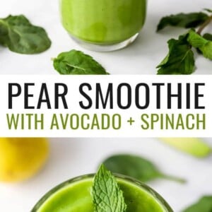 A glass filled with pear smoothie. Fresh mint tops the glass and is scattered around.