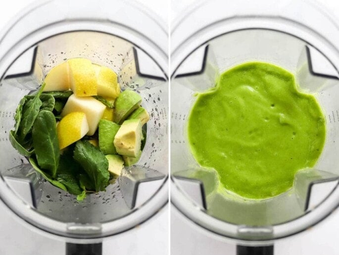 Side by side photos of a blender with ingredients to make a pear smoothie, before and after being blended.