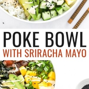 Homemade tuna poke bowl topped with black sesame seeds and sriracha mayo.