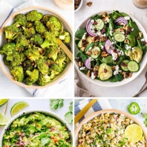 Collage of four photos: roasted broccoli, spinach salad, guacamole and Mexican street corn salad.