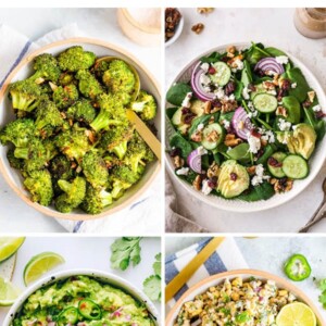 Collage of four photos: roasted broccoli, spinach salad, guacamole and Mexican street corn salad.