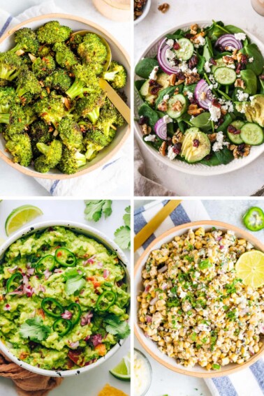 Collage of four photos: roasted broccoli, spinach salad, guacamole and Mexican street corn salad.