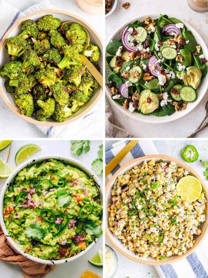 Collage of four photos: roasted broccoli, spinach salad, guacamole and Mexican street corn salad.