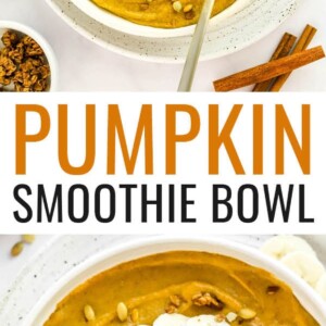 A pumpkin smoothie bowl topped with pumpkin seeds, granola and banana slices.