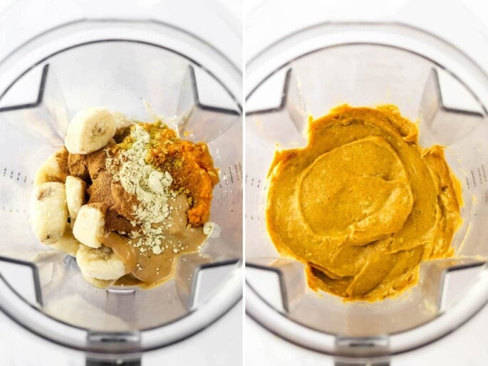 Side by side photos of a blender with ingredients to make a pumpkin smoothie bowl, before and after being blended.