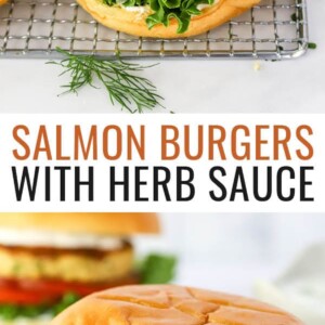 Salmon burger on a bun with lettuce, tomato and herb sauce.