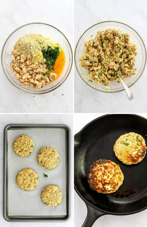 Collage of four photos showing how to make salmon burgers: making the mixture, forming patties and then cooking in a skillet.