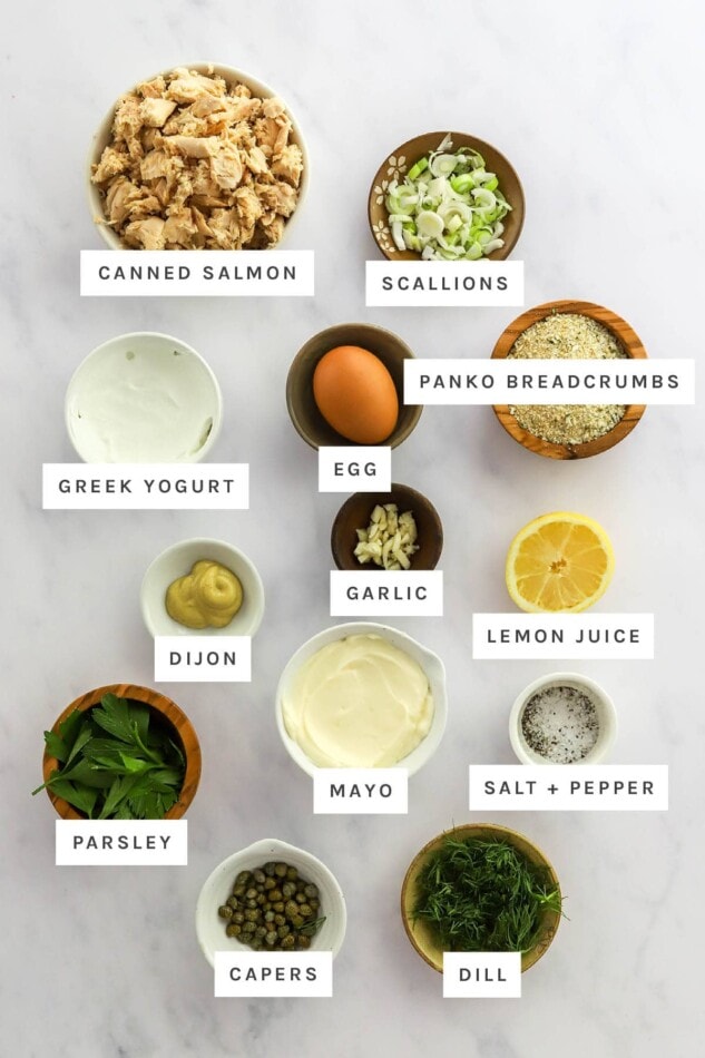 Ingredients measured out to make salmon burgers: canned salmon, scallions, panko, egg, Greek yogurt, garlic, lemon juice, dijon, mayo, salt, pepper, parsley, capers and dill.