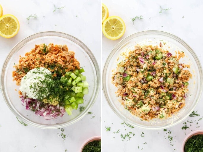 Side by side photos of a mixing bowl with the ingredients to make salmon salad, before and after being mixed toegther.