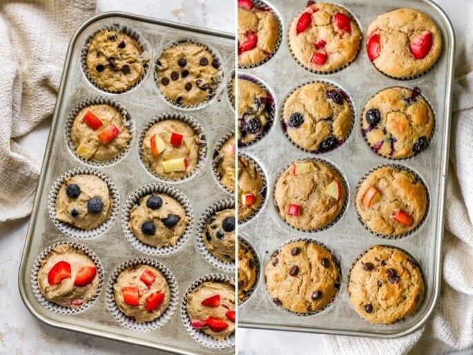 Side by side photos of a variety of yogurt muffins in a muffin tin, before and after being baked.