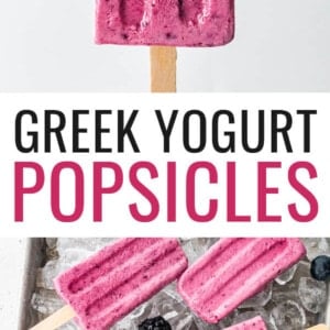 Photo of a berry Greek yogurt popsicle with a bite taken out of it. Photo below is of several popsicles on tip of ice.