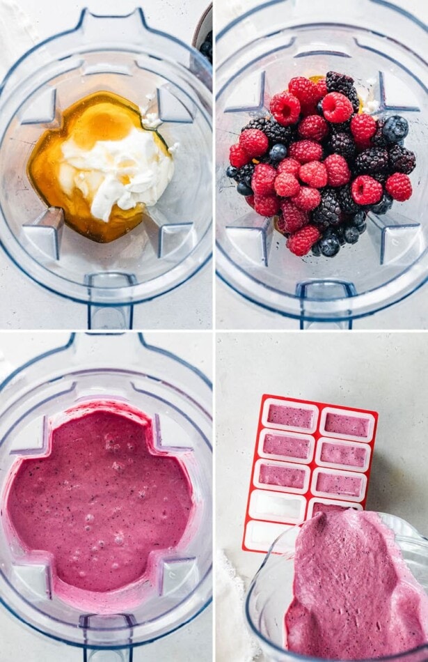 Collage of four photos showing the process to make Greek yogurt popsicles: blending Greek yogurt, honey and berries in a blender until smooth and then pouring into popsicle molds.
