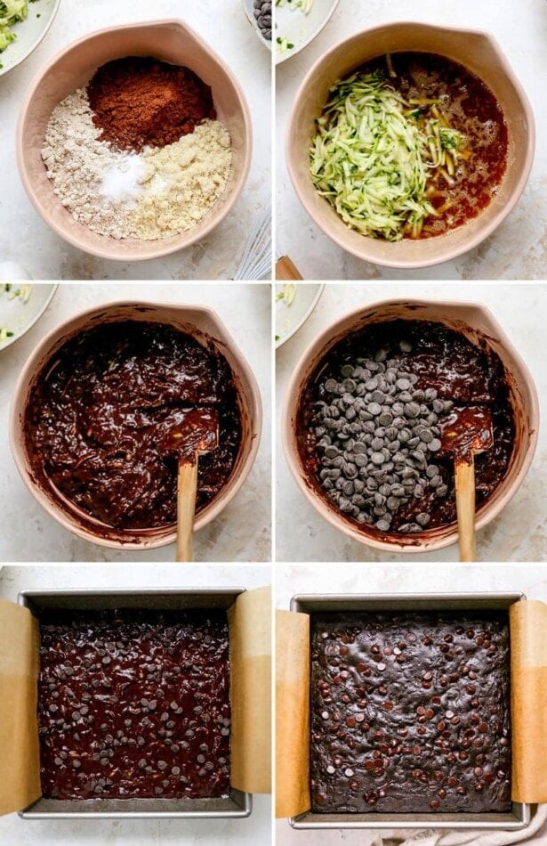 Collage of six photos showing making zucchini brownie batter and then baking the brownies.