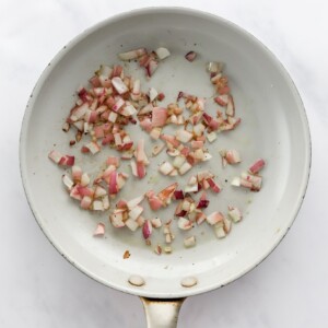 Sautéing onion and garlic in a pan.