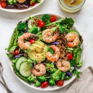 Overhead photo of a bowl of grilled shrimp salad.