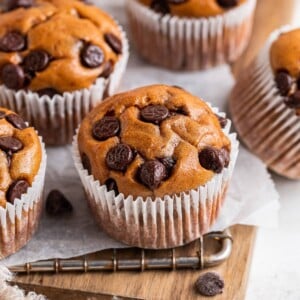 Protein muffins in paper wrappers on a wire rack.