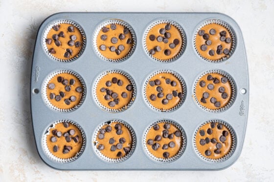 Protein muffin batter in a muffin tin with paper liners topped with extra chocolate chips.