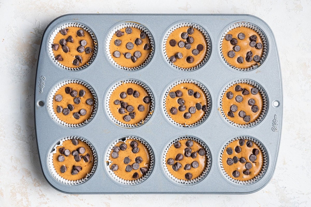 Protein muffin batter in a muffin tin with paper liners topped with extra chocolate chips.