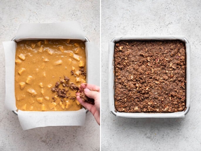 Photo of hand adding crumble topping to an unbaked apple cake. Photo next to it if of the baked apple cake with a crumble topping.