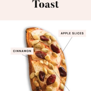 Slice of sweet potato toast topped with cinnamon, apple slices, dried cranberries and pumpkin seeds.