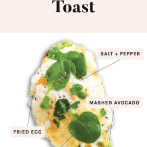 Slice of sweet potato toast topped with salt, pepper, fried egg, mashed avocado and microgreens.