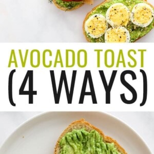Four styles of avocado toast laid diagonally across the photo frame. Photo below is of a fork mashing avocado on a slice of toast.