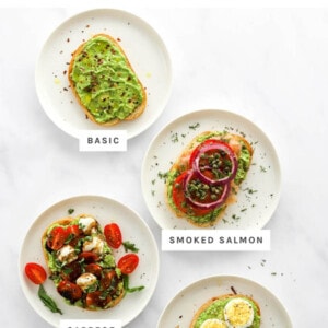 Four plates with four different flavors of avocado toast: basic, smokes salmon, caprese and everything + egg.