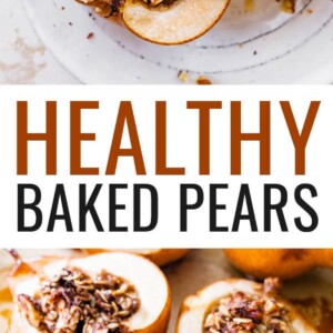 Two baked pear halves on a plate. Photo below is of baked pears on a baking sheet.