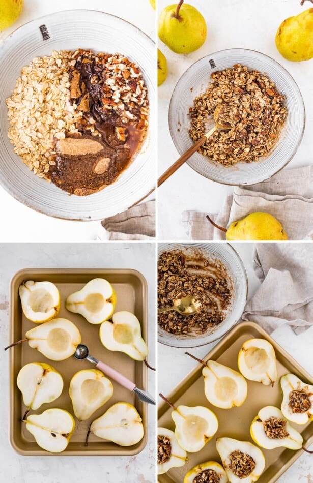 Four photos showing the steps to make baked pears: making the oat filling mixture, coring the pears and finally filling the pears with the oat filling.