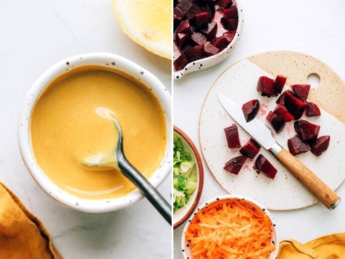 Side by side photos: one is of a bowl and spoon with a homemade tahini dressing. The second is a cutting board with chopped beets.