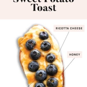 Slice of sweet potato toast topped with ricotta cheese, honey and blueberries.