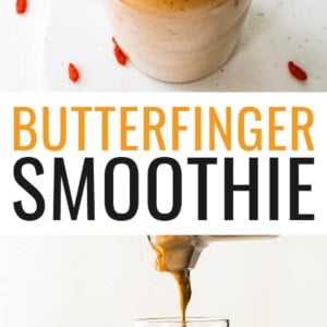 Glass full of a Butterfinger smoothie, topped with goji berries.