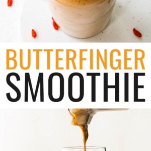 Glass full of a Butterfinger smoothie, topped with goji berries.