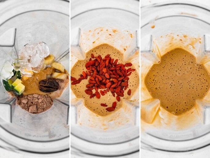 Collage of three photos showing the ingredients being blended for a Butterfinger Smoothie.