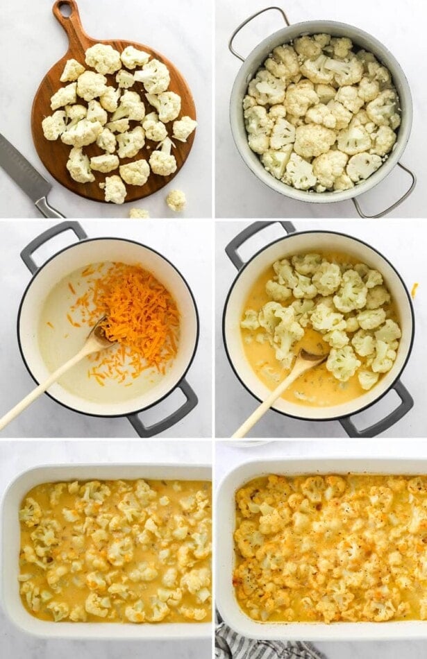 Collage of six photos showing the steps to make Baked Cauliflower Mac and Cheese: cooking the cauliflower, making the cheese sauce, and then baking in a casserole dish.