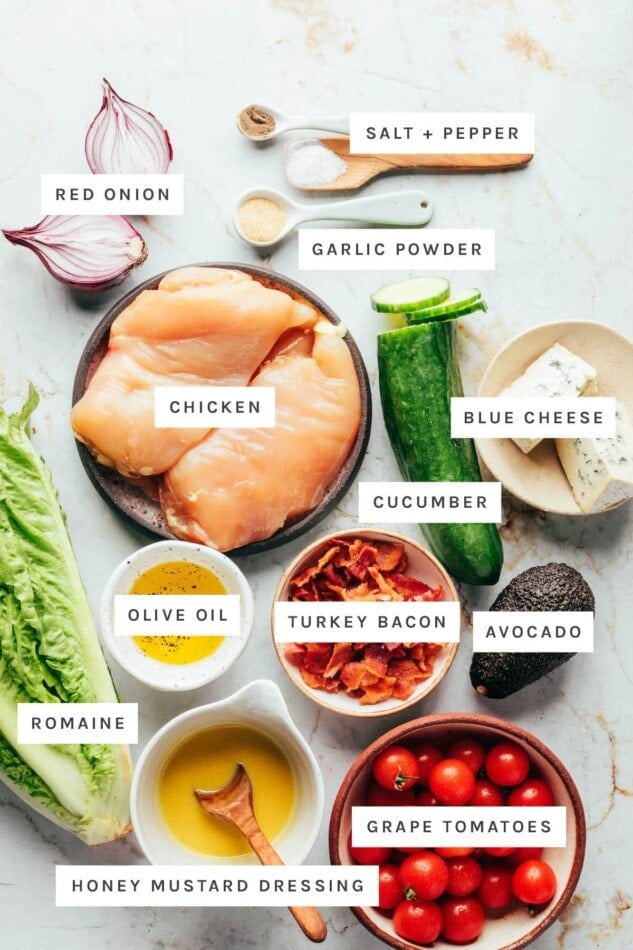 Ingredients measured out to make Chicken Avocado Club Salad: red onion, salt, pepper, garlic powder, chicken, cucumber, blue cheese, olive oil, turkey bacon, avocado, romaine, honey mustard dressing and grape tomatoes.