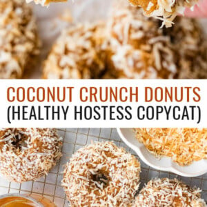 Donuts coated in toasted coconut. Hand is holding a donut with a bite taken out of it.