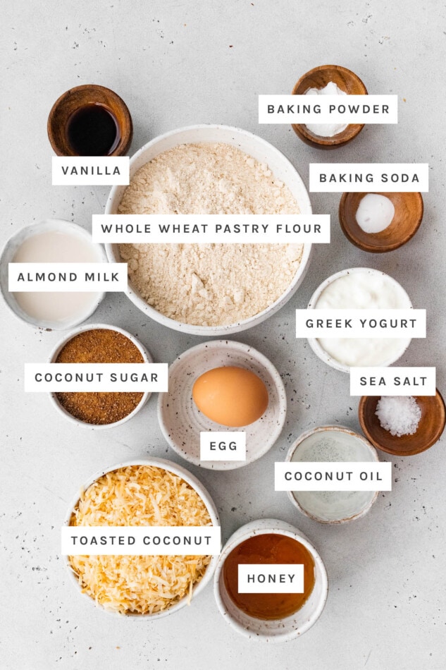 Ingredients measured out to make coconut crunch donuts: vanilla, baking powder, baking soda, whole wheat pastry flour, almond milk, Greek yogurt, coconut sugar, egg, sea salt, coconut oil, toasted coconut and honey.