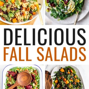Collage of 8 different fall salads.