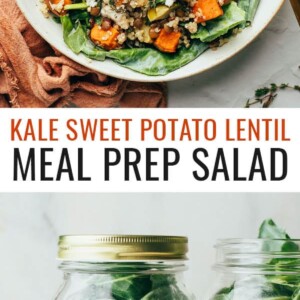 Sweet potato lentil mason jar salad served in a bowl. Photo below is the ingredients layered in a mason jar to make a kale sweet potato lentil salad.