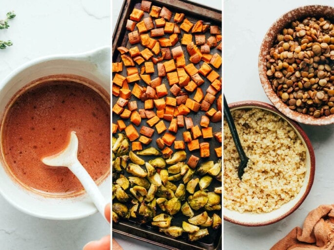 Three photos collaged together: bowl and spoon with homemade red wine vinaigrette, roasted brussels sprouts and sweet potatoes on a sheet pan, and two bowls with quinoa and lentils.