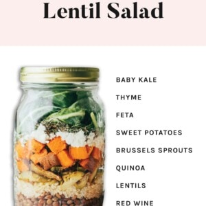Mason jar with ingredients to make a kale sweet potato lentil salad layered inside.