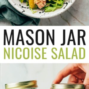 Bowl with a nicoise salad. Photo below is of two jars layered with the ingredients to make the nicoise salad.
