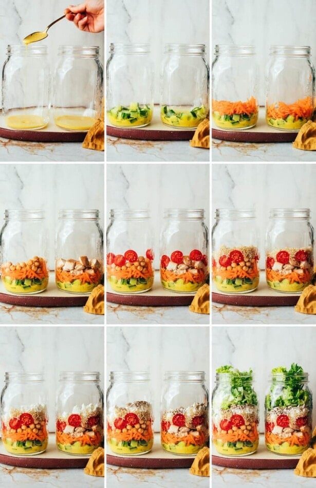 Collage of 9 photos showing mason jars being layered with salad ingredients.