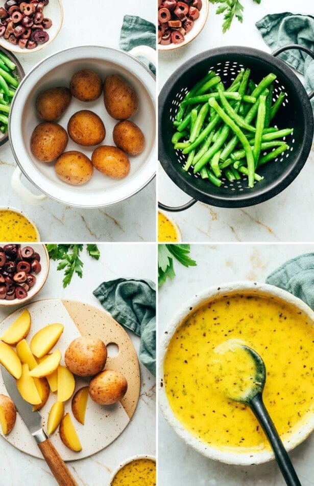 Collage of four photos: potatoes in a pot, green beans in a steamer, chopped potatoes on a cutting board, and lemon vinaigrette in a bowl.