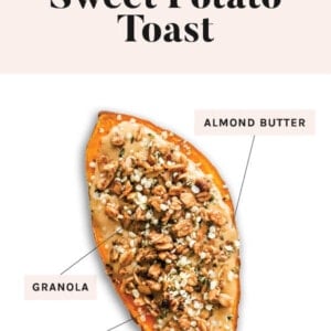 Slice of sweet potato toast topped with almond butter, granola and hemp seeds.