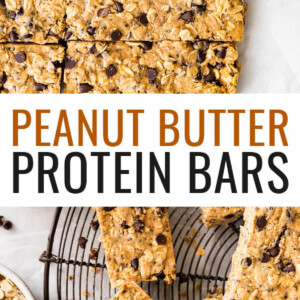 Peanut butter protein bars cut into rectangles on a sheet of parchment paper. Photo below:Peanut butter protein bars, two of them wrapped in parchment with a bow.